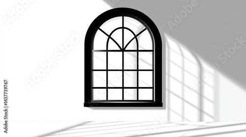 Black arched window, sunlight shadows, white wall, minimalist interior design