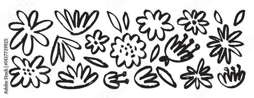 flowers black ink brush grunge drawing, monochrome botanical illustration isolated icons. Hand drawn floral vector elements clipart