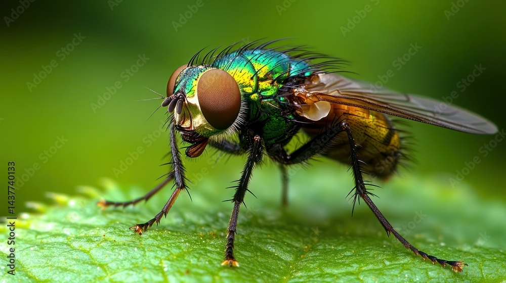 Fototapeta premium Jewel fly perched on leaf, green background, macro nature shot