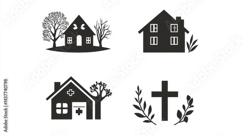 Four black house designs and a cross with plant symbols, for web or app use