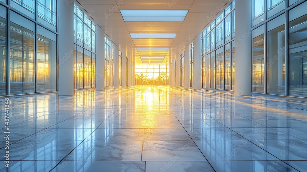modern office hallway with soft reflections and natural light creating serene atmosphere modern office hallway with soft reflections and natural light creating serene atmosphere