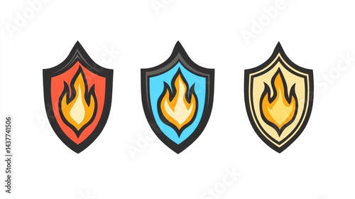 Fire protection shields, safety icons, white background, design elements