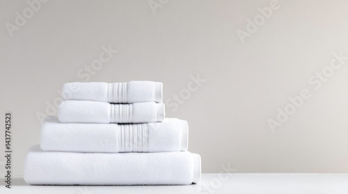White Bath Towels Stacked neatly Minimalist style High-resolution bright lighting Front view, close-up Soft textures Luxurious comfort Neutral background Pure white palette Ideal for hotel marketing