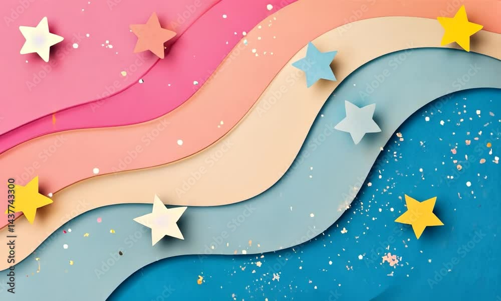 Abstract Paper cut pastel colorful sky with clouds and stars background