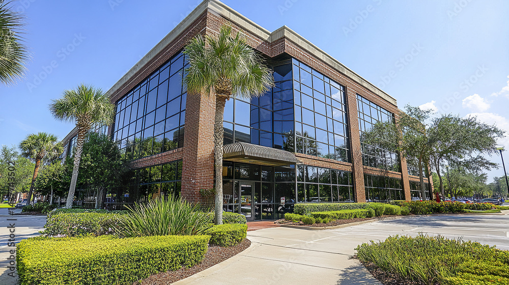Fototapeta premium Modern suburban office building with brick and glass, surrounded by greenery and palm trees