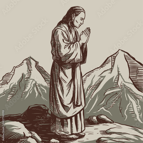 A person praying or meditating in standing position in mountainous area vector illustration.