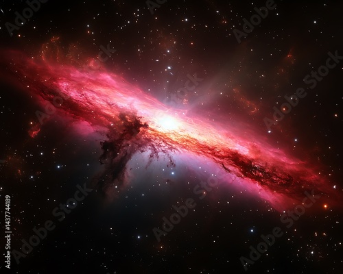 Glowing red nebula with central burst of light
