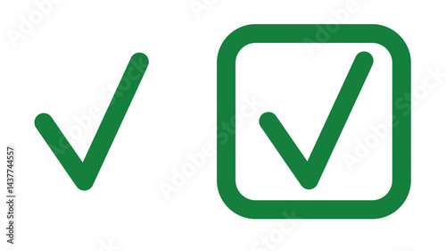 Check mark symbol in green box showing correct answer, approved and completed validation, achievement and success, positive verification in poll or questionnaire. Isolated on white background.