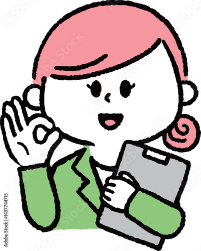 ファイルを持ってOKサインをするスーツの女性