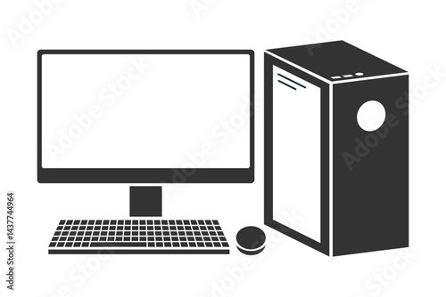 PC Desktop Computer with case, monitor, keyboard and mouse. Minimal flat black vector illustration icon symbol clipart png isolated transparent background.