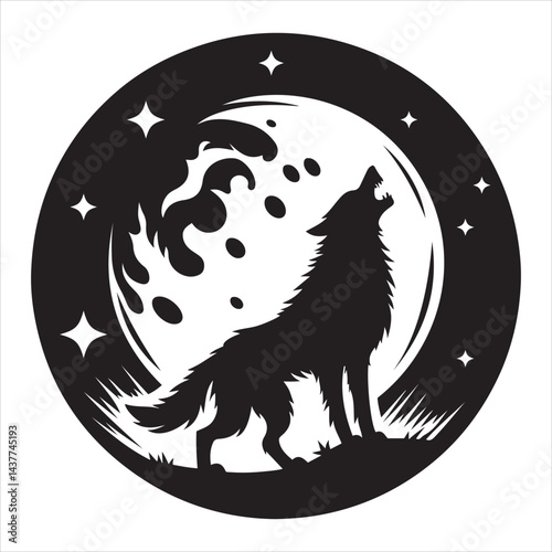 Halloween werewolf howling at moon silhouette, minimalist vector