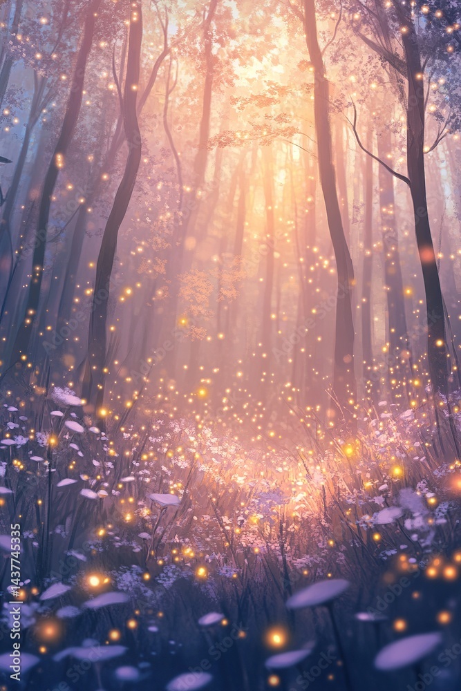 Obraz premium Enchanting forest pathway illuminated by glowing fireflies