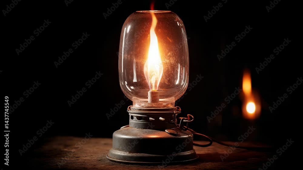 Vintage kerosene lamp with a burning flame glowing against dark background, antique oil lantern on weathered wooden surface