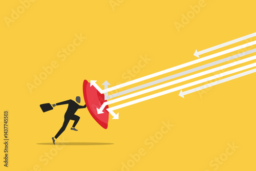 The businessman used the shield to resist the falling arrow. Flat vector illustration