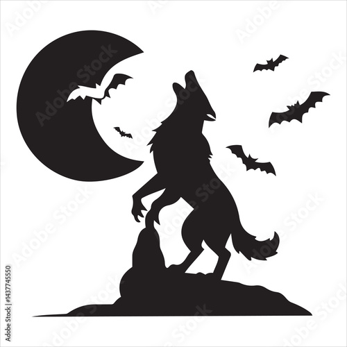 Halloween werewolf howling at moon silhouette, minimalist vector