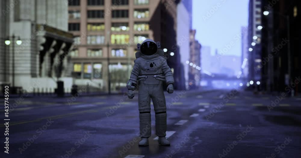 An astronaut stands in the middle of a deserted city street as dusk settles. Tall buildings loom in the background, and the atmosphere feels surreal and quiet. An astronaut stands in the middle of a deserted city street as dusk settles. Tall buildings loom in the background, and the atmosphere feels surreal and quiet.