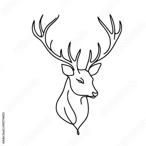 One line outline drawing of majestic deer head, one line outline vector