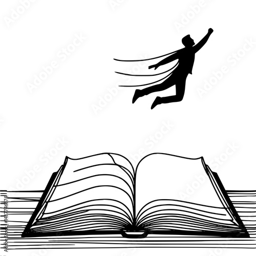 Person flying above an open book in a minimalist style, single line outline vector  