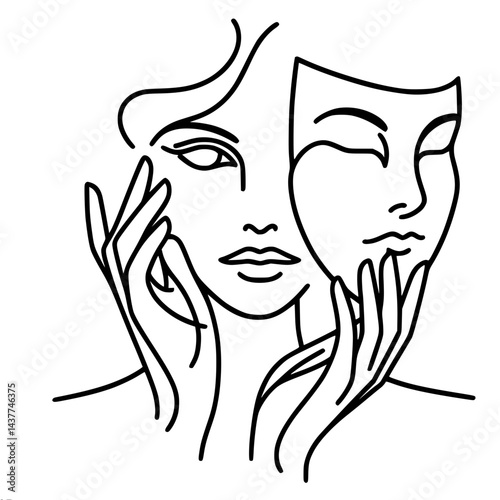 Minimalist line art depicting a woman with a mask , single line outline vector 