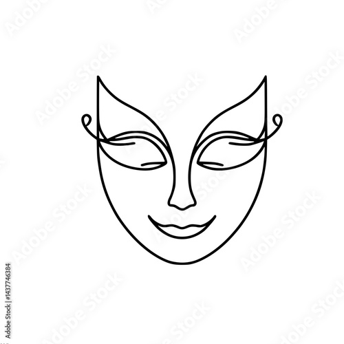 Minimalist linear drawing of calm face in mask, vector one line outline