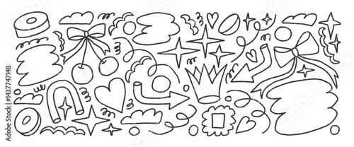 Abstract graphic line art shapes crayon drawn set. Naive outline freehand doodle figures on white background. Crown, cherry, clouds and geometric forms sketch elements. Vector illustration by pencil.