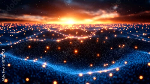Glowing digital landscape sunset background