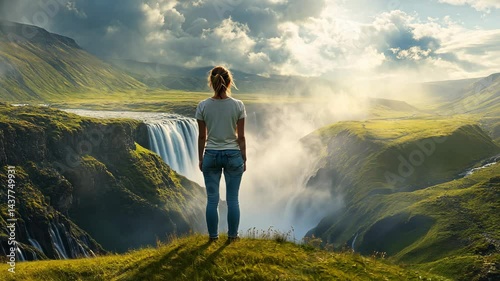 Woman stands on grassy cliff, overlooking vast valley and waterfall under dramatic skies.