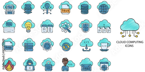 Cloud computing simple concept 24 color hand drawn icons set. Contains such Security, backup, data, server .Vector illustration.