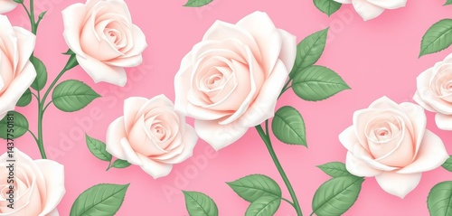 Delicate white rose contour vector seamless pattern on pink background, ample copy space, elegant, background