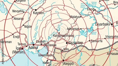 Expanding red circles show the range of an earthquake wave from Adiyaman, Turkey