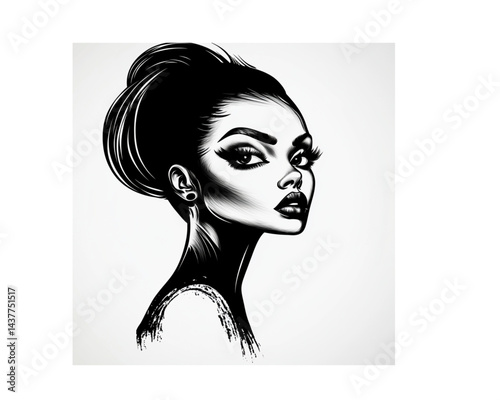 Chic woman with elegant updo thoughtfully looking aside against a white background with copy space