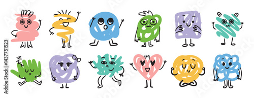 Abstract funny scribble characters different emotions and faces. Cute doodle hand drawn characters set.