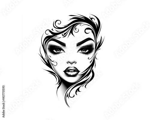 Glamorous woman with floral hair adornment intensely gazing forward against a white background with copy space