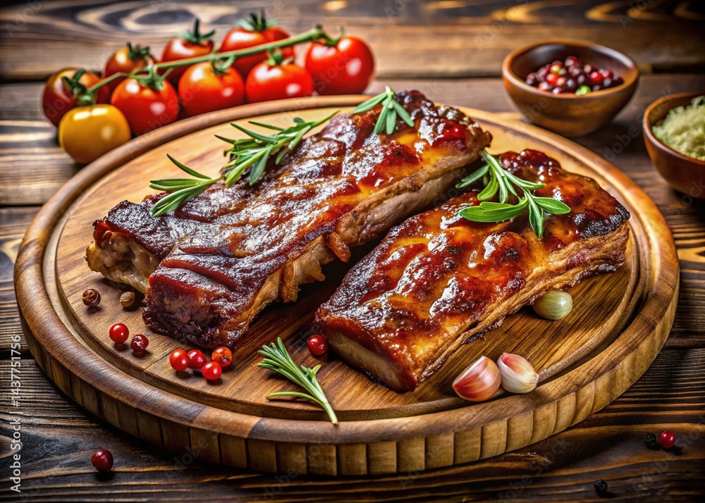 Grilled Ribs on Wooden Plate - Delicious BBQ Meal Grilled Ribs on Wooden Plate - Delicious BBQ Meal
