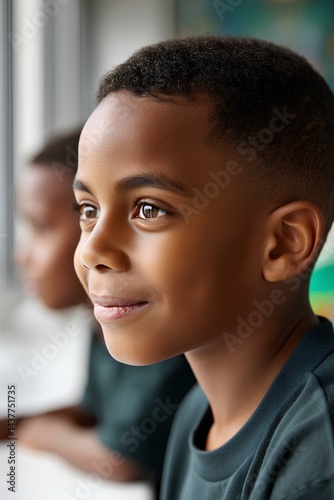 Young African schoolboys explore education together, seated side-by-side in a colorful and motivating classroom.