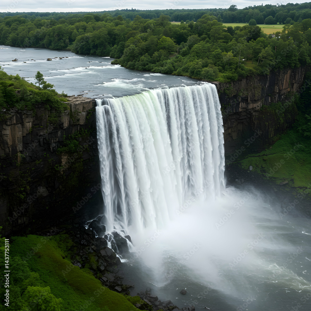 Fototapeta premium A scenic view of a large waterfall cascading down a cliff surrounded by lush green vegetation and trees