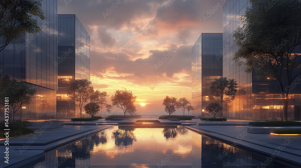 Obraz premium serene sunset view over modern business complex with reflective glass buildings and tranquil