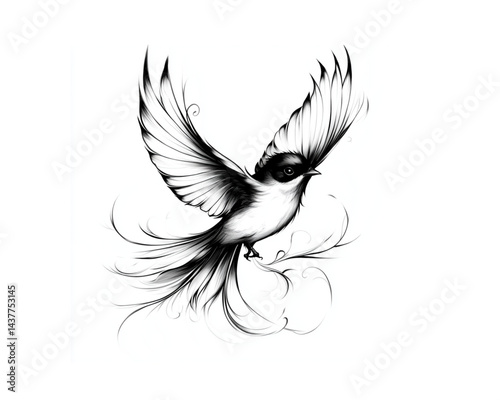Elegant bird illustration, monochromatic, taking flight with flowing lines against white