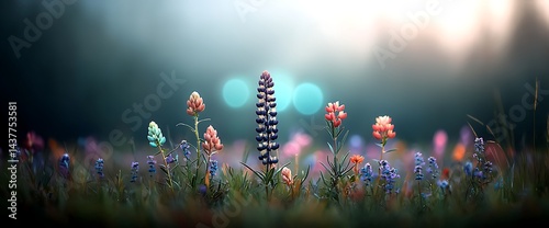 Colorful wildflowers blooming in a misty meadow, with sunlight in the background