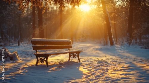 Snowy park bench sunrise winter solitude