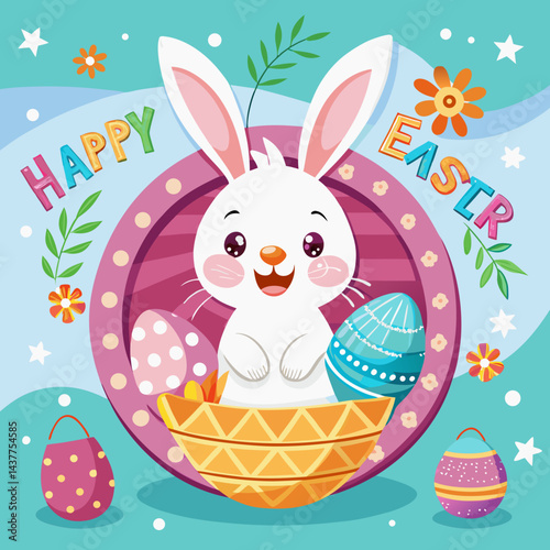 Happy Easter day with bunny and eggs 
