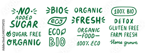 eco organic doodle hand drawn inscriptions lettering labels set. lettering text organic, 100 natural, bio, no added sugar and detox. healthy food icon