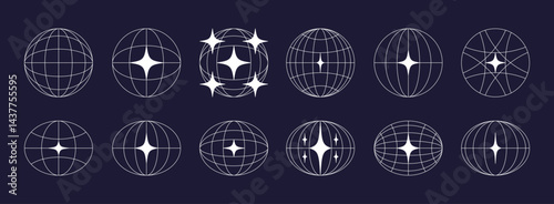 World globe retro grids in oval and round form with stars icons set. earth latitude and longitude line grid. futuristic design elements.