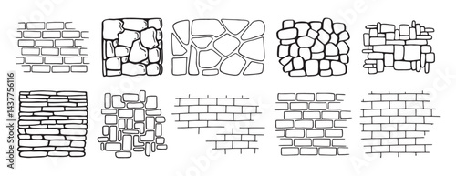 brick and stone wall textures doodle hand drawn. Outline drawing brick and stone wall textures line clipart symbol