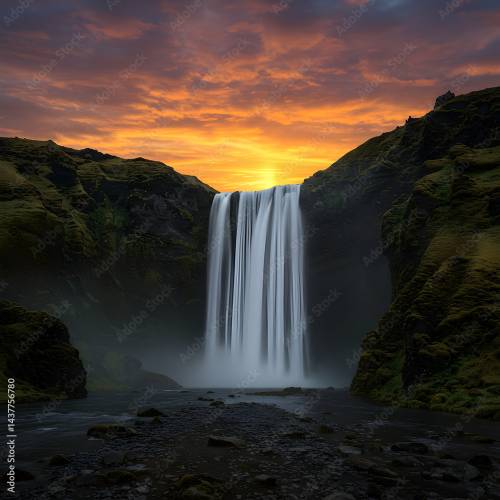 Fototapeta premium A scenic waterfall cascading down mossy cliffs under a vibrant orange and purple sunset sky view