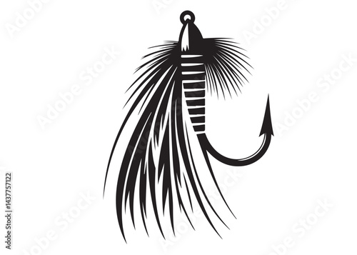 Black silhouette of a fly fishing logo vector, fly fishing lure logo icon silhouette, fly fishing hook silhouette, fly fishing flies silhouette vector design on white background 