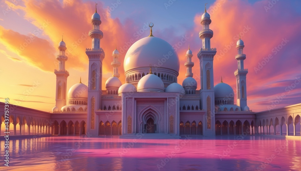 Fototapeta premium Magnificent white mosque stands against a vibrant sunset, its domes and towers gleaming with