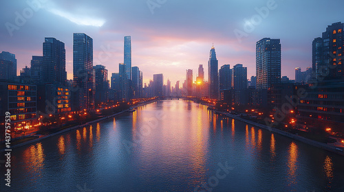 Wallpaper Mural stunning view of towering skyscrapers lining waterfront at sunset, reflecting on water Torontodigital.ca