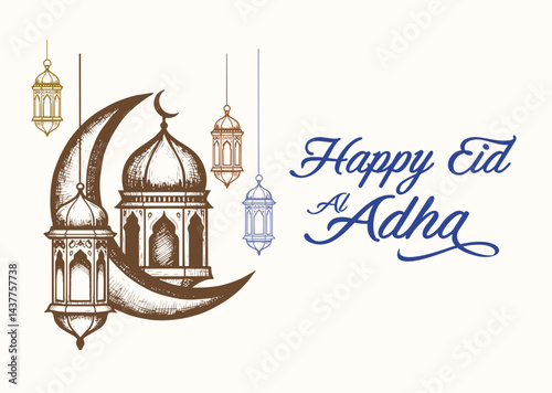 Eid-al-adha greeting card template with hand drawn mosque, crescent, and mosque.  isolated on white background. Vector illustration for muslim festival of sacrifice design