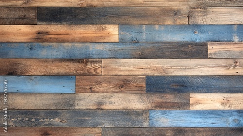 rustic wooden wall with blue and brown planks for interior decor and background use